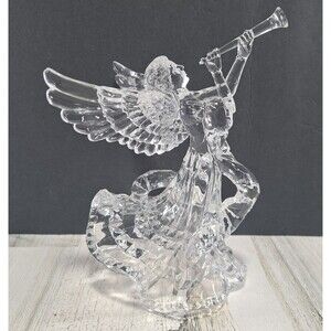 Clear Angel Playing Horn Tree Topper Acrylic Wings Christmas Decor 90s VTG 9.25"